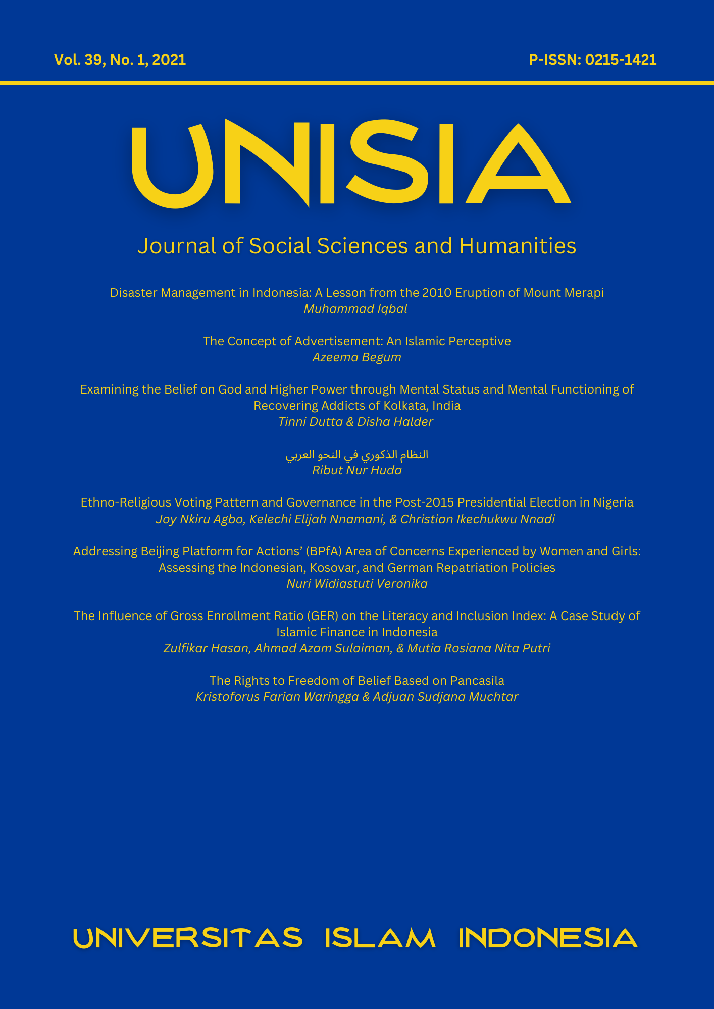 Cover Unisia Vol 39 No 1 2021