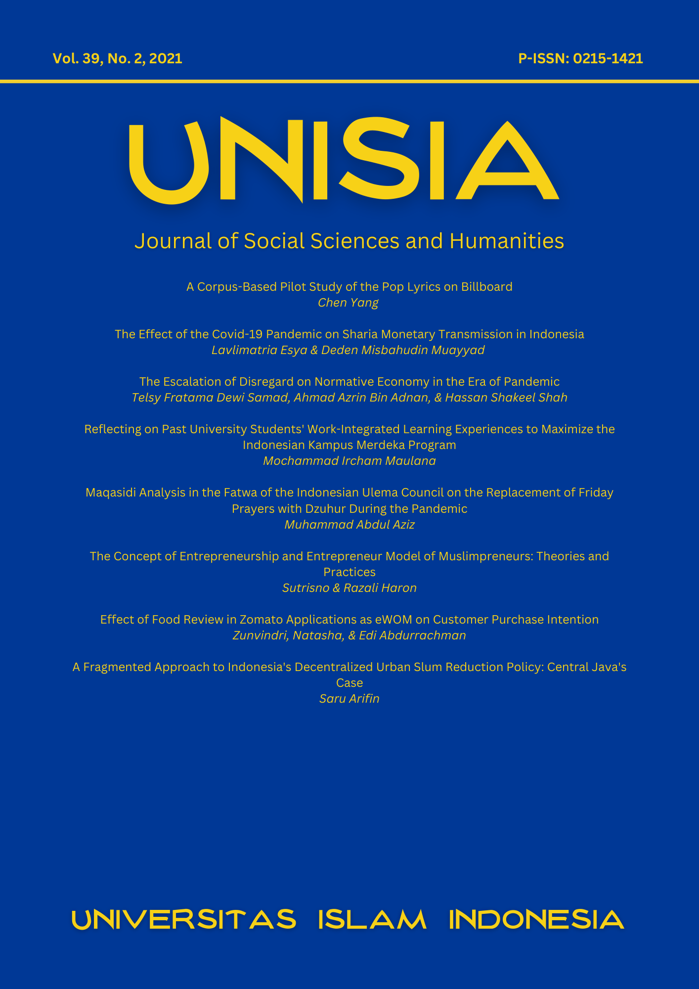 Cover Unisia Vol 39 No 2 2021